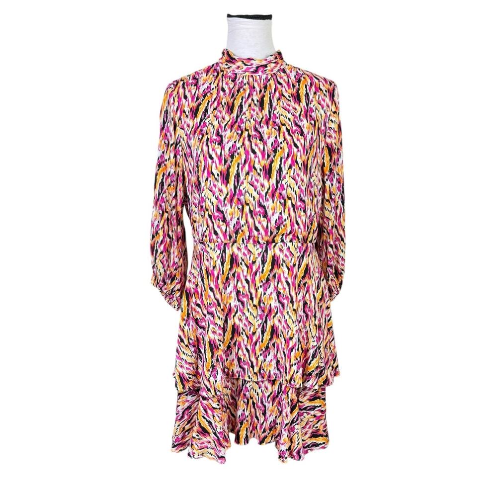 THML NEW Multicolor Ikat Print Back Neck Tie Tiered 3/4 Sleeve Blouson Dress